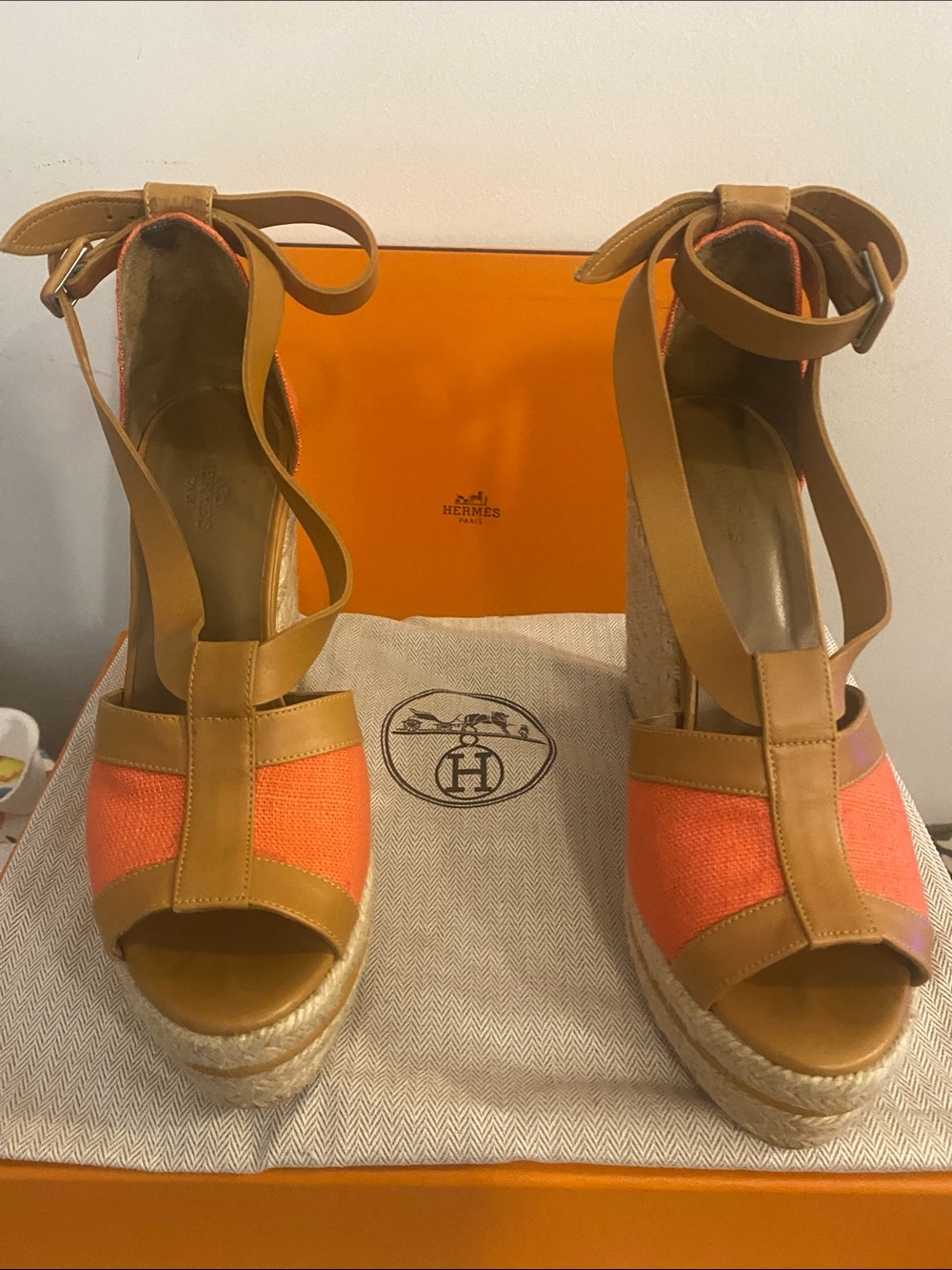 Hermes Orange Canvas and Tan Leather Wedge Espadrille Sandals with Ankle Ties